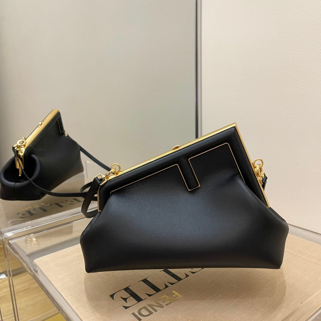 Fendi First Small Black Leather Bag with Gold-Finish Metal F Clasp