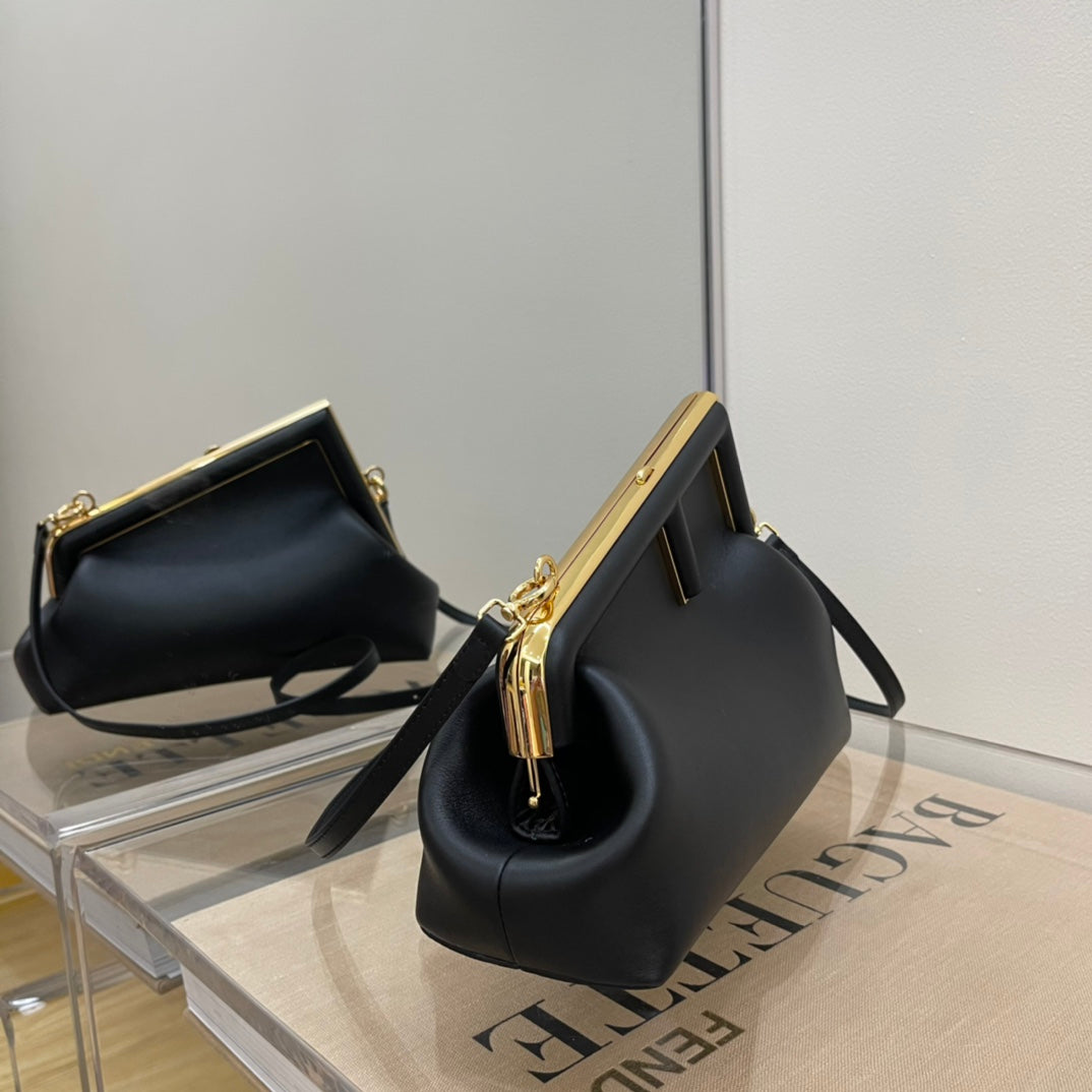 Fendi First Small Black Leather Bag with Gold-Finish Metal F Clasp