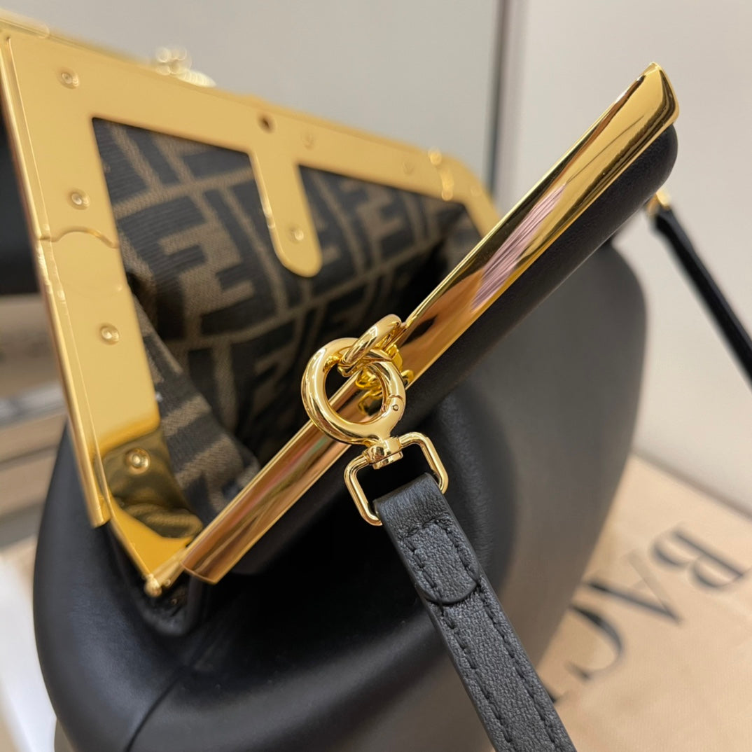 Fendi First Small Black Leather Bag with Gold-Finish Metal F Clasp