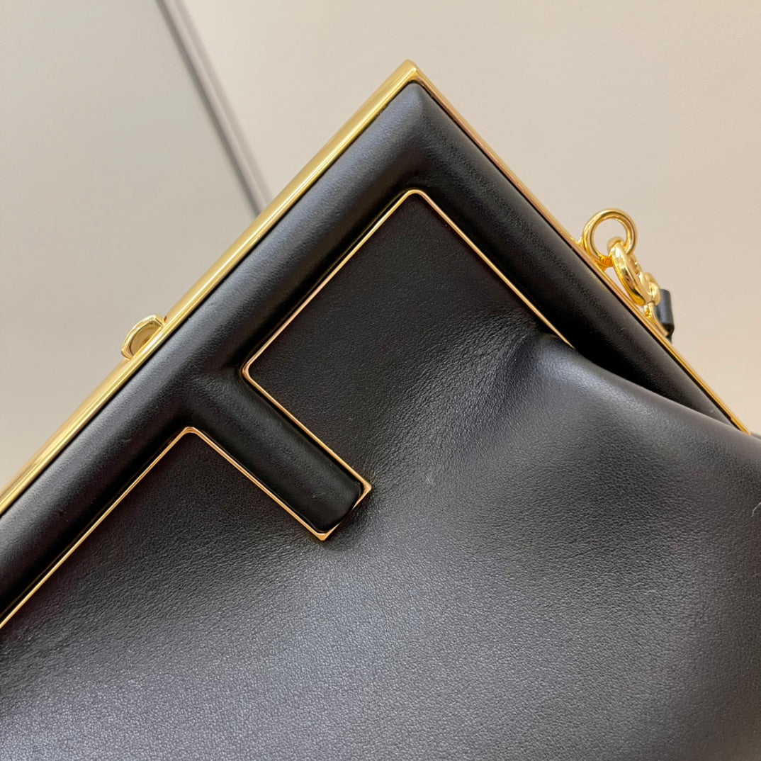 Fendi First Small Black Leather Bag with Gold-Finish Metal F Clasp