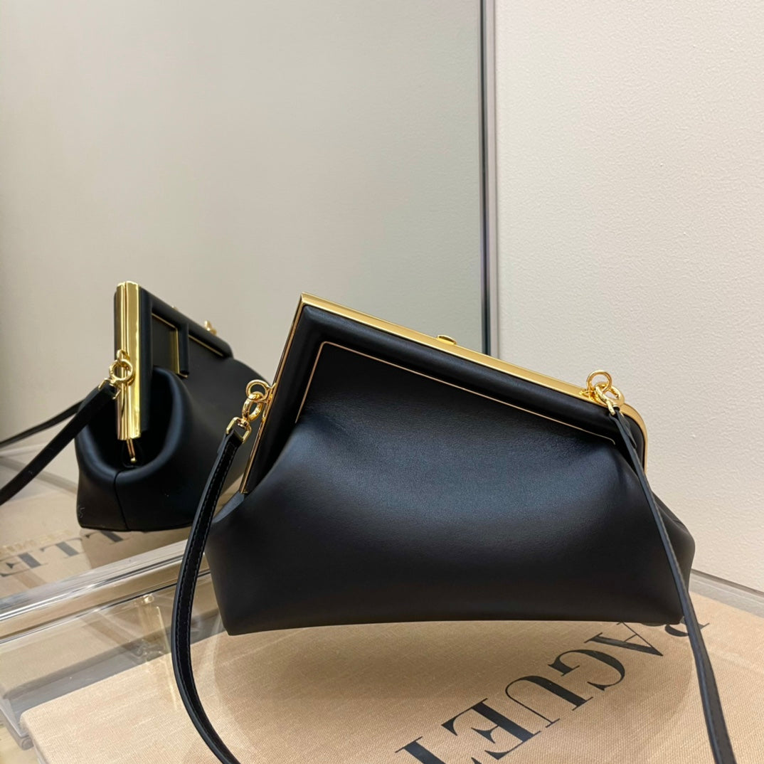 Fendi First Small Black Leather Bag with Gold-Finish Metal F Clasp