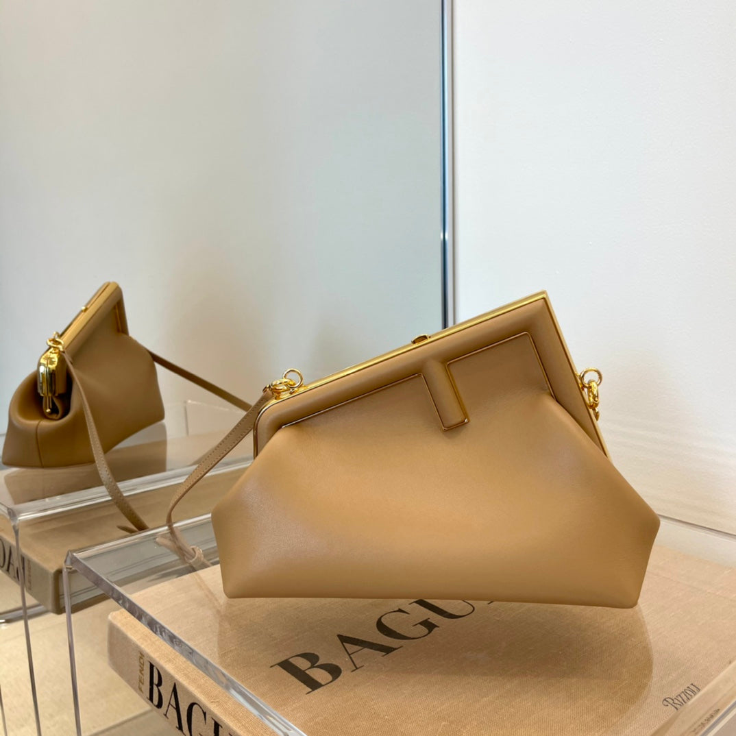 Women's Tan Leather Geometric Frame Clutch Bag with Detachable Gold Chain