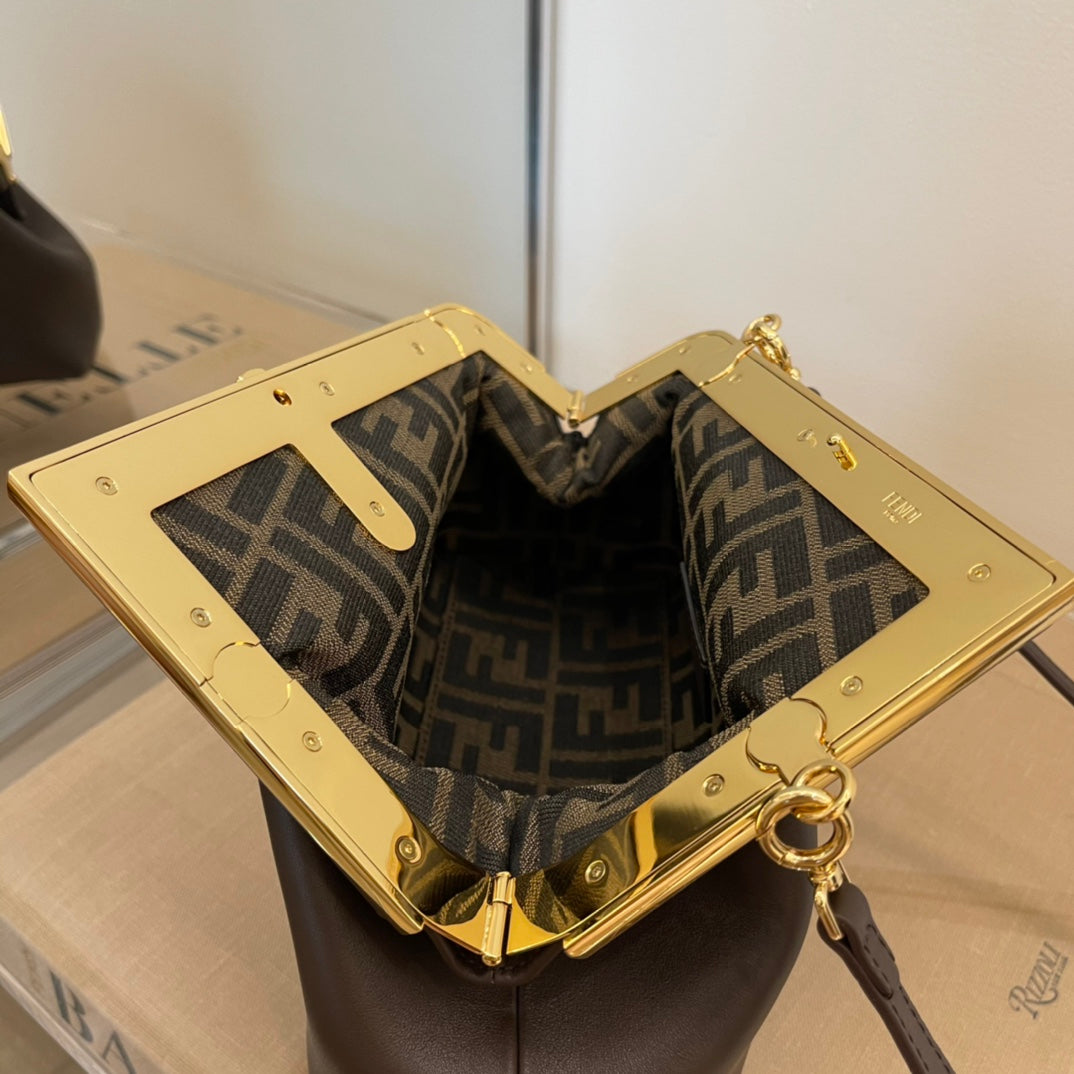 Brown Leather Asymmetrical Frame Clutch Bag - Elegant Gold Hardware Crossbody