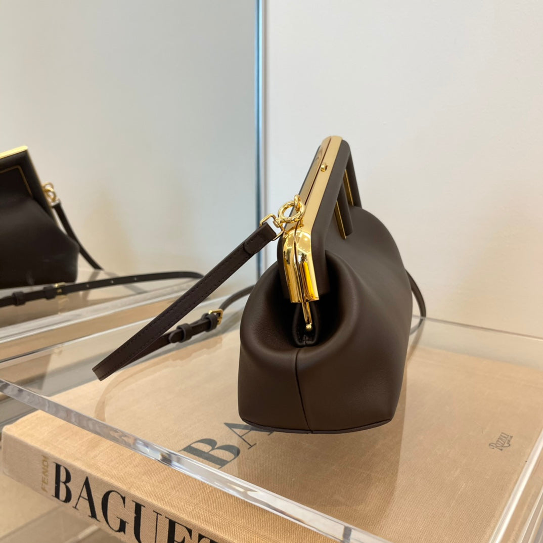 Brown Leather Asymmetrical Frame Clutch Bag - Elegant Gold Hardware Crossbody