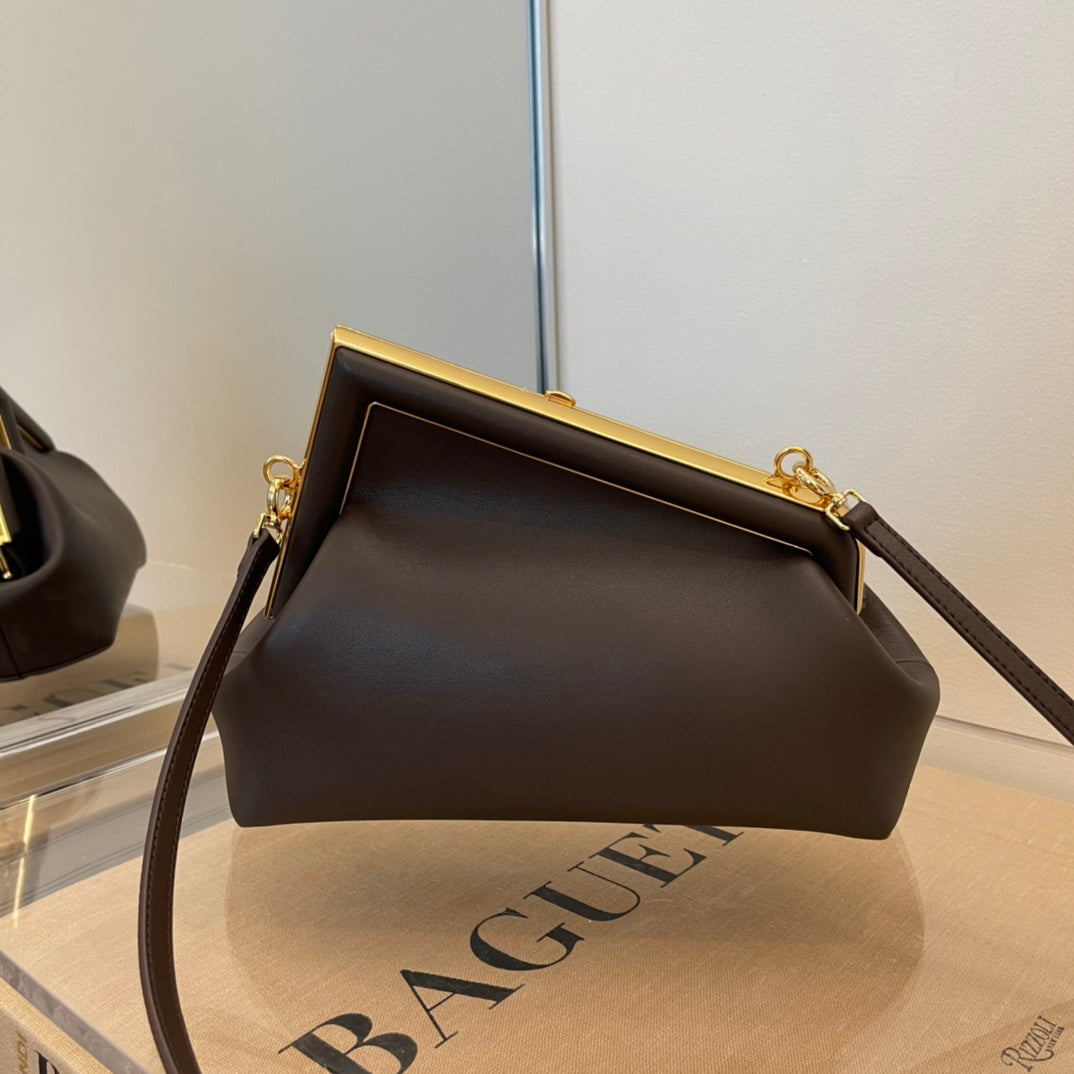 Brown Leather Asymmetrical Frame Clutch Bag - Elegant Gold Hardware Crossbody