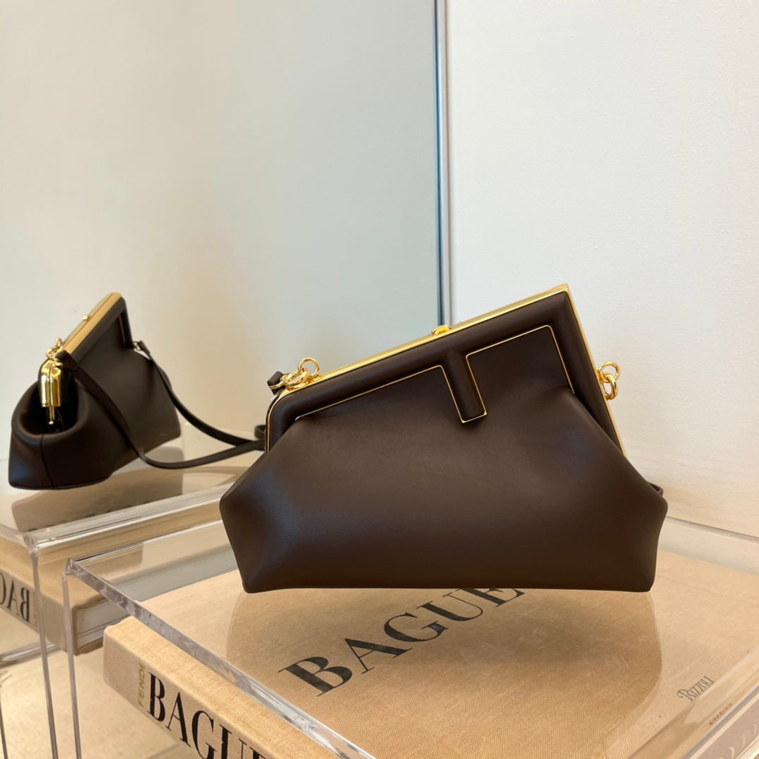 Brown Leather Asymmetrical Frame Clutch Bag - Elegant Gold Hardware Crossbody
