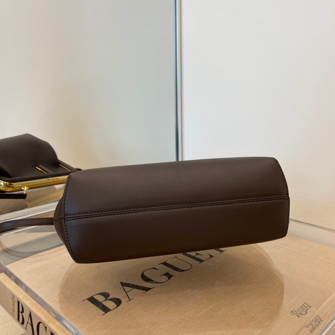 Brown Leather Asymmetrical Frame Clutch Bag - Elegant Gold Hardware Crossbody