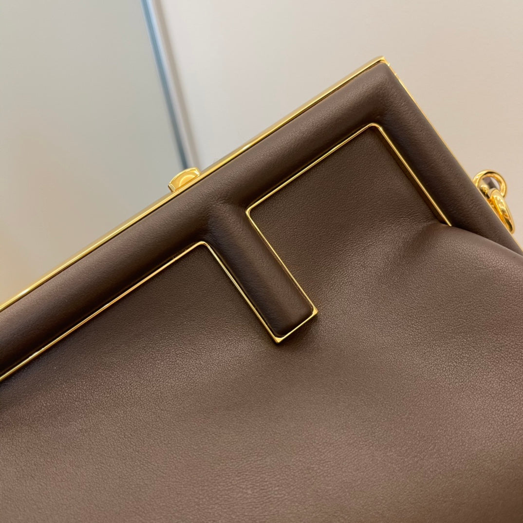 Brown Leather Asymmetrical Frame Clutch Bag - Elegant Gold Hardware Crossbody