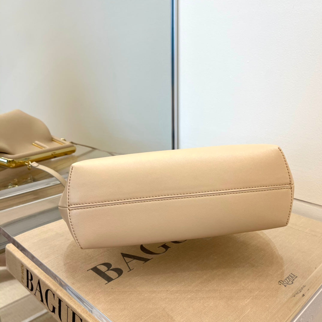 Beige Designer Style Frame Clasp Handbag - Elegant Cream Clutch with Gold-Tone Chain Strap