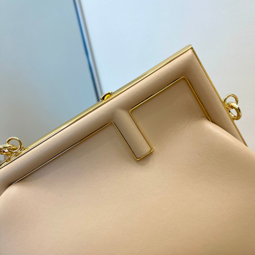 Beige Designer Style Frame Clasp Handbag - Elegant Cream Clutch with Gold-Tone Chain Strap