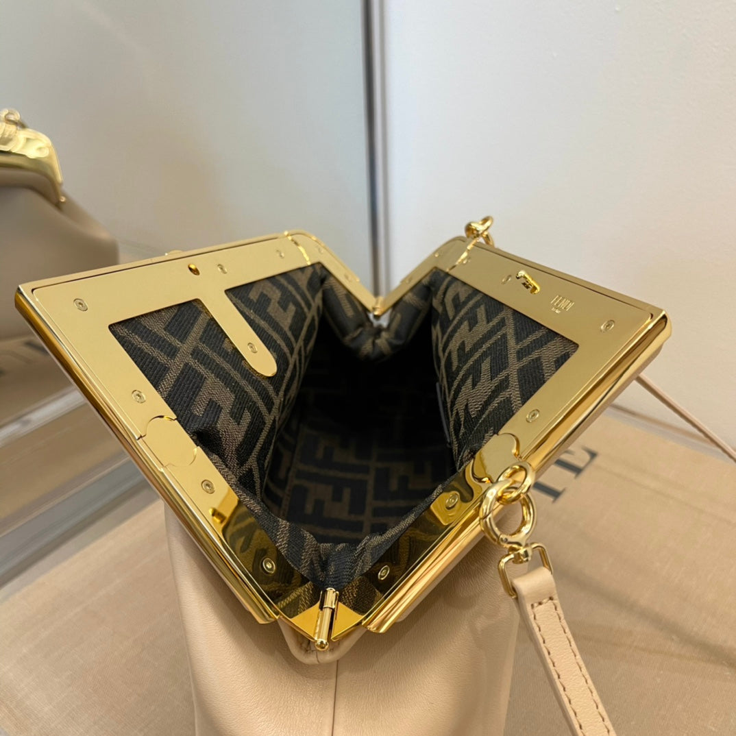 Beige Designer Style Frame Clasp Handbag - Elegant Cream Clutch with Gold-Tone Chain Strap