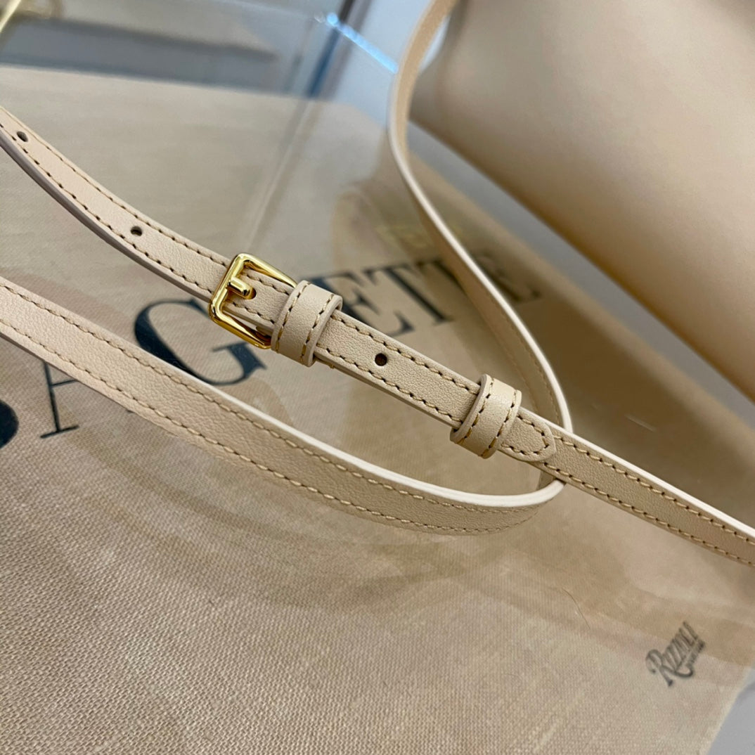 Beige Designer Style Frame Clasp Handbag - Elegant Cream Clutch with Gold-Tone Chain Strap