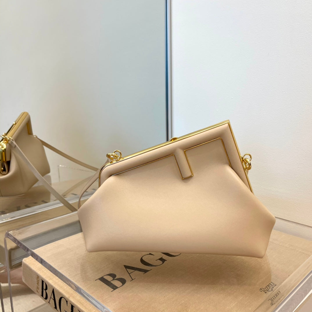 Beige Designer Style Frame Clasp Handbag - Elegant Cream Clutch with Gold-Tone Chain Strap