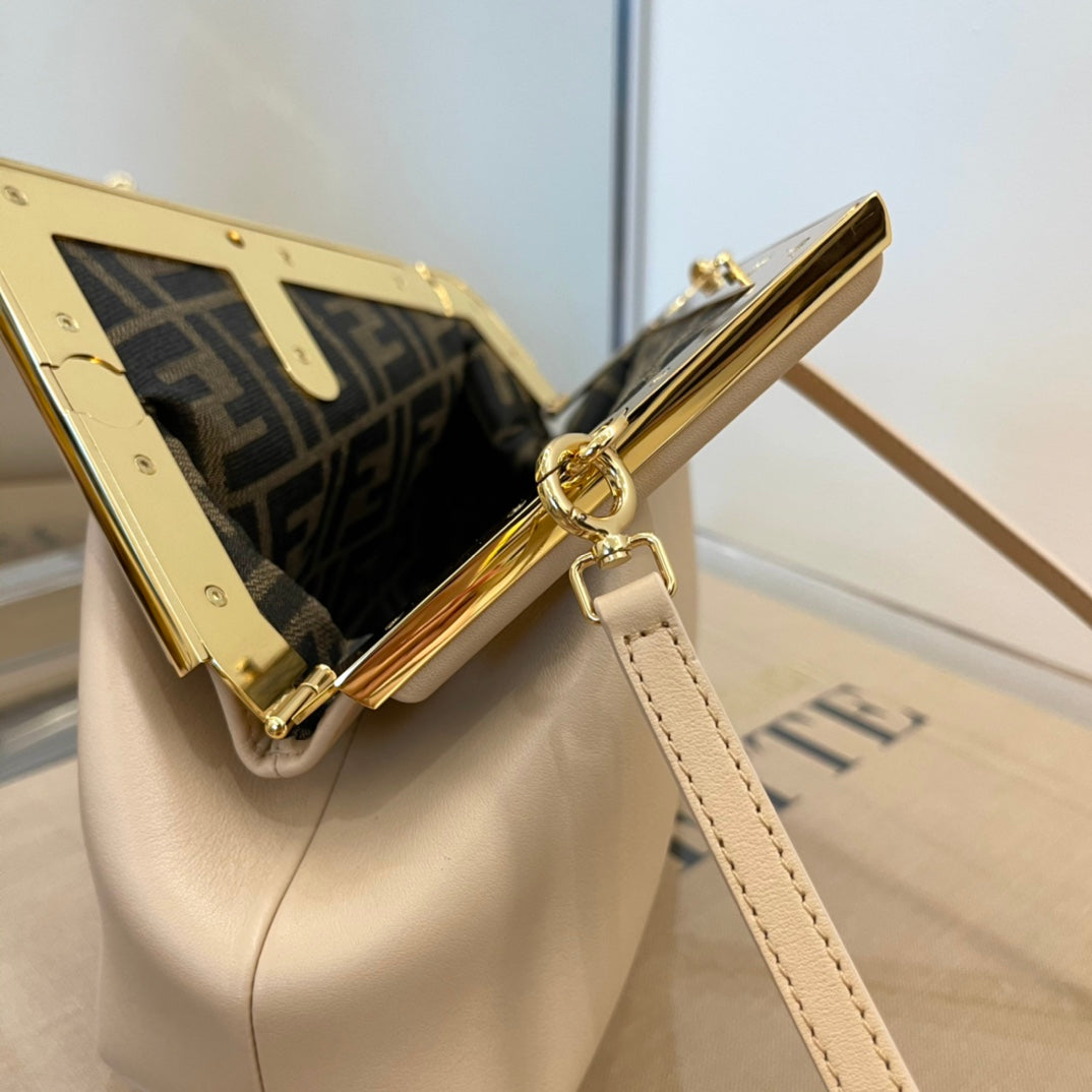 Beige Designer Style Frame Clasp Handbag - Elegant Cream Clutch with Gold-Tone Chain Strap