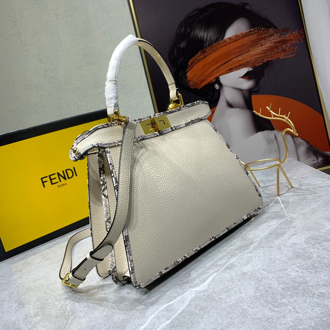 Fendi Peekaboo Medium Beige Leather Top Handle Bag with Patterned Trim
