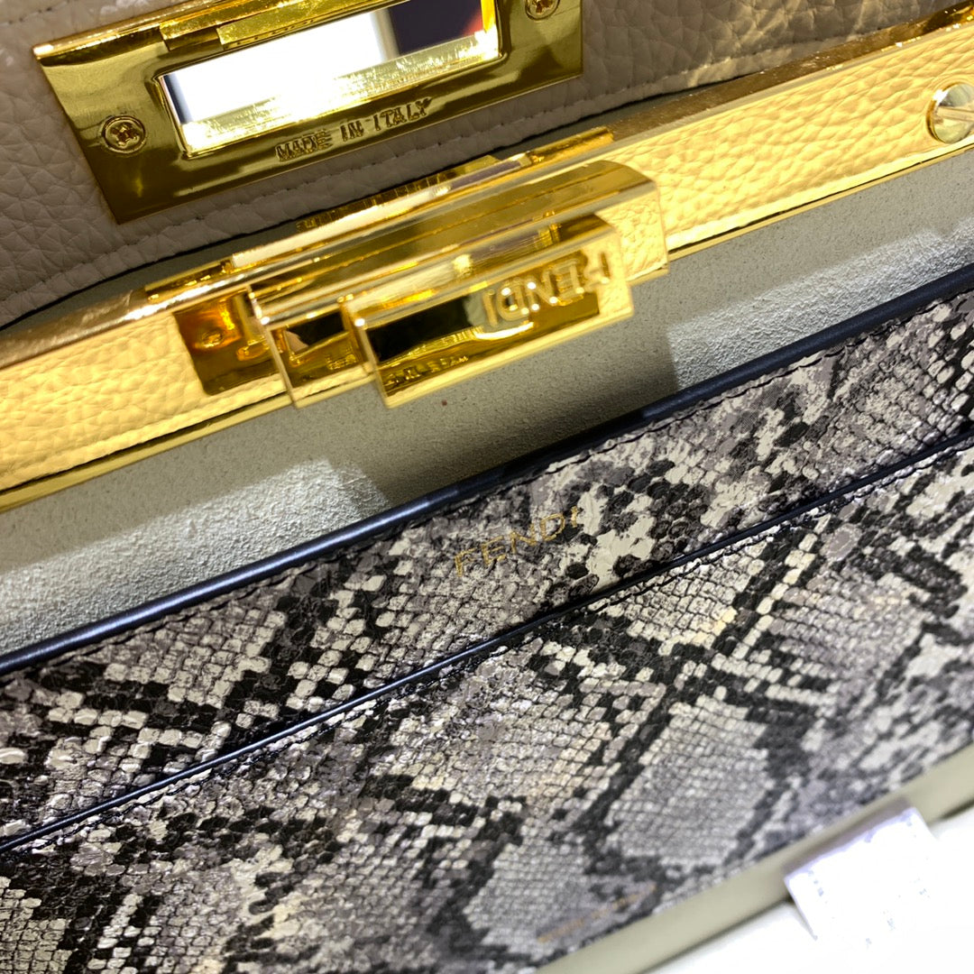 Fendi Peekaboo Medium Beige Leather Top Handle Bag with Patterned Trim