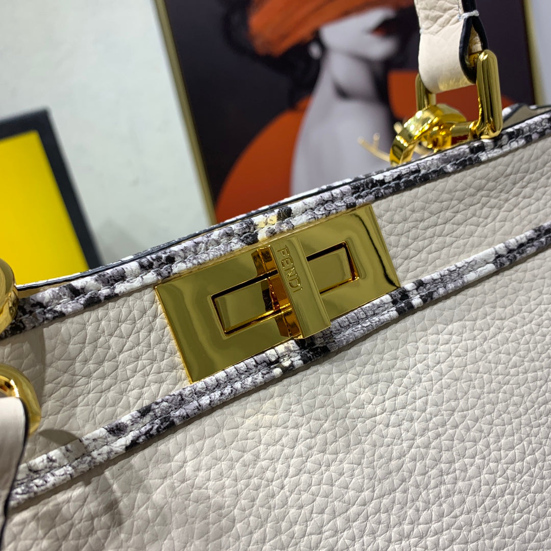 Fendi Peekaboo Medium Leather Handbag - Beige with FF Motif Trim