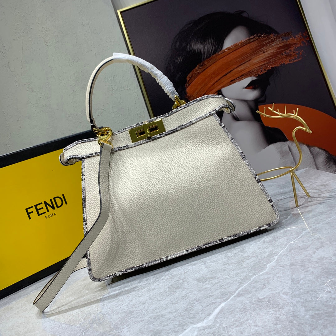 Fendi Peekaboo Medium Beige Leather Top Handle Bag with Patterned Trim