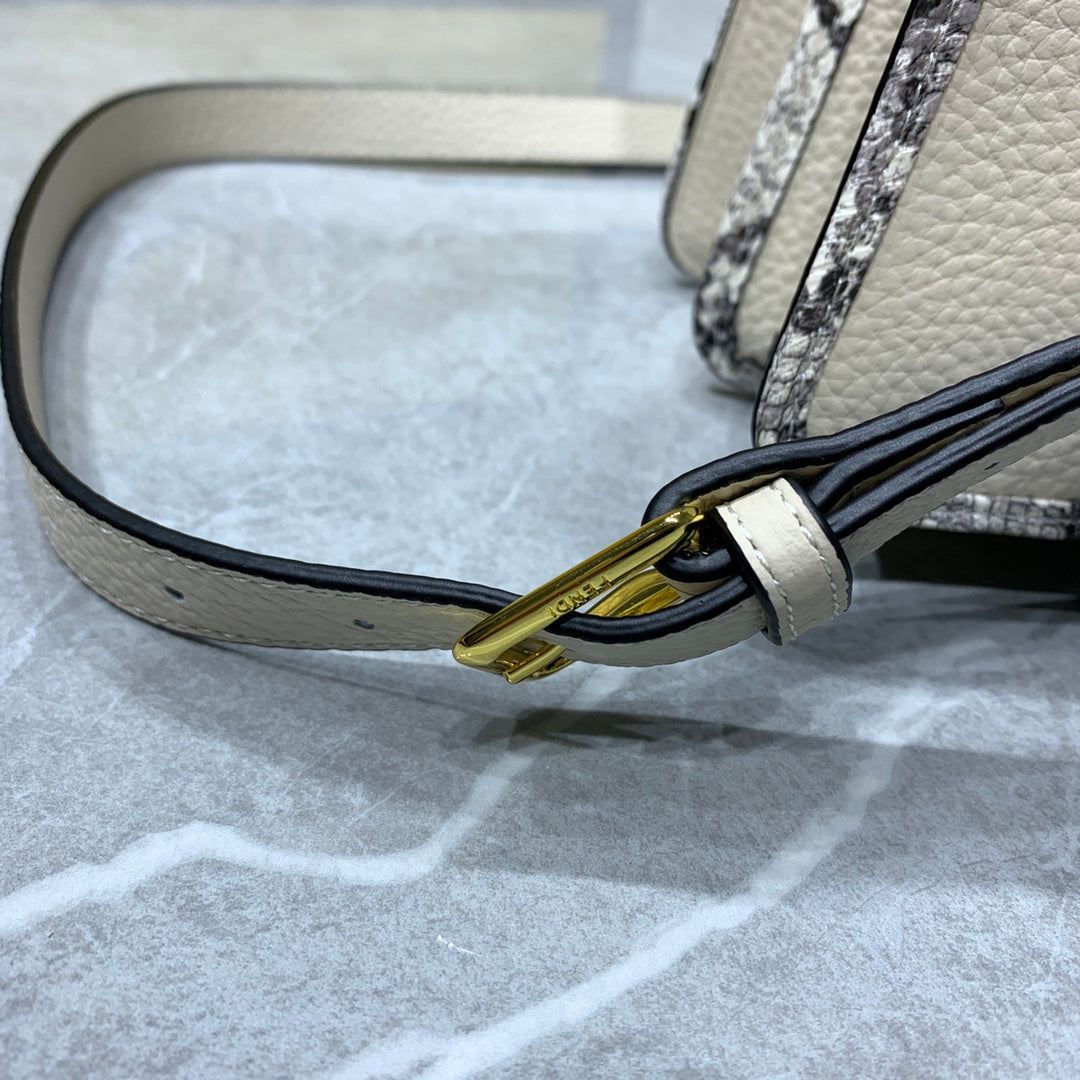 Fendi Peekaboo Medium Beige Leather Top Handle Bag with Patterned Trim