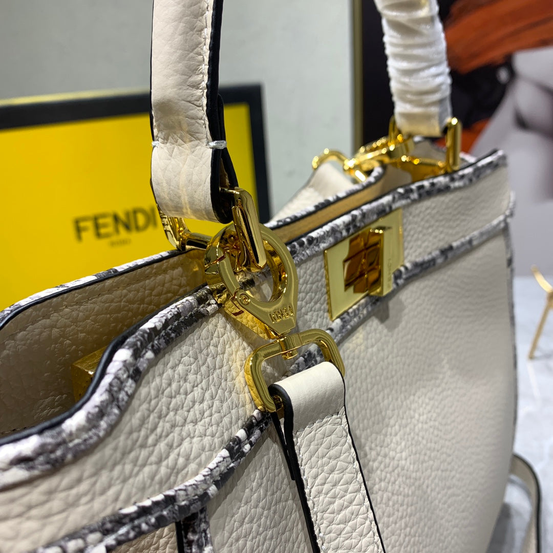 Fendi Peekaboo Medium Leather Handbag - Beige with FF Motif Trim