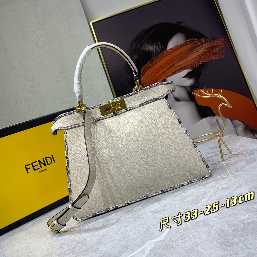 Fendi Peekaboo Medium Beige Leather Top Handle Bag with Patterned Trim