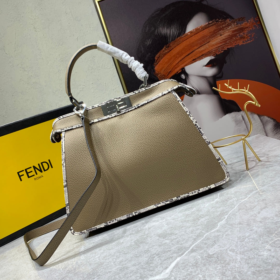 Fendi Peekaboo Medium Leather Handbag - Taupe with Zucca Lining