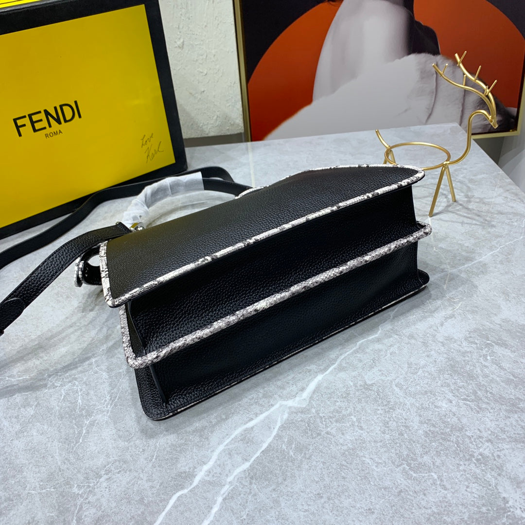 Fendi Peekaboo Medium Black Leather Handbag with Patterned Trim