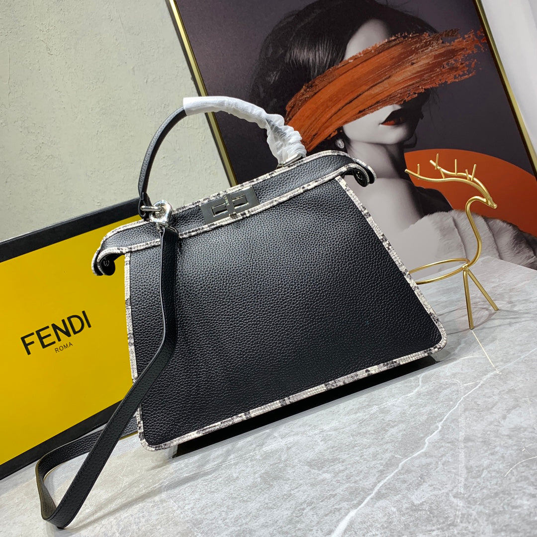 Fendi Peekaboo Medium Black Leather Top Handle Bag with Shoulder Strap