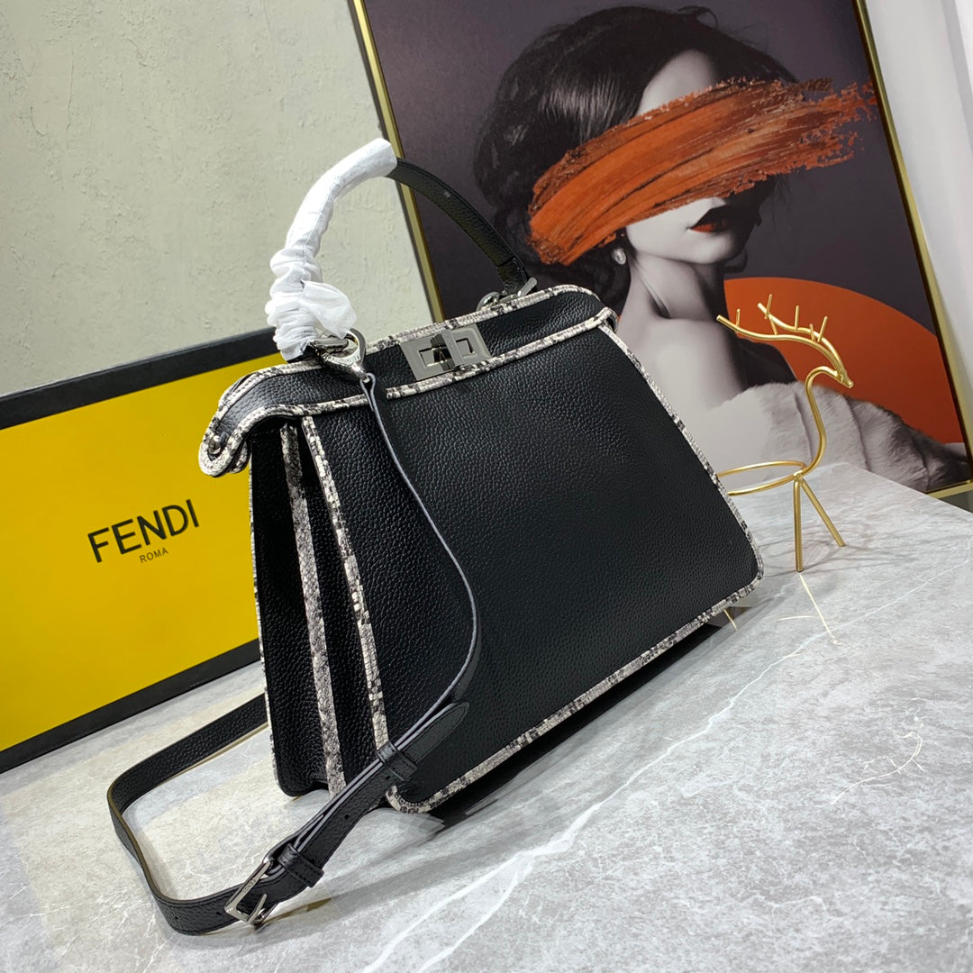 Fendi Peekaboo Medium Black Leather Top Handle Bag with Shoulder Strap