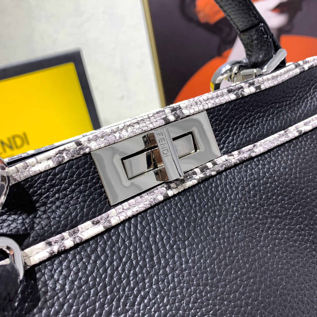 Fendi Peekaboo Medium Black Leather Handbag with Patterned Trim