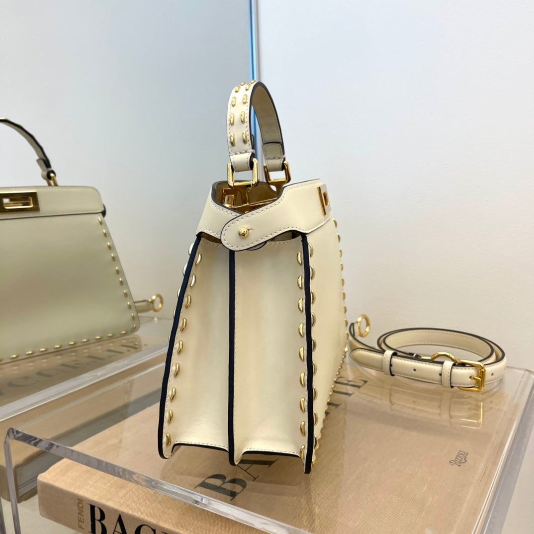 Fendi Peekaboo Iconic Mini Cream Leather Handbag with Gold-Tone Hardware