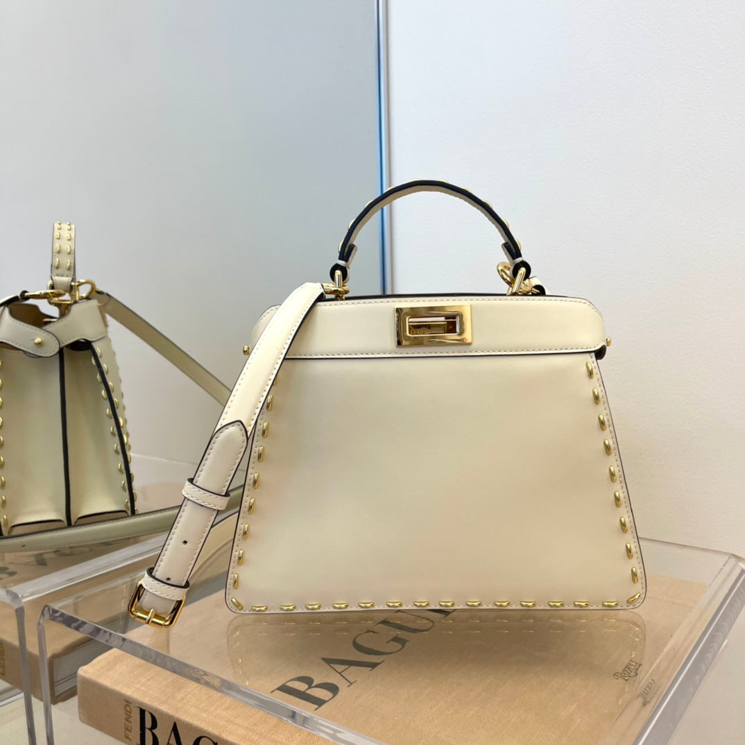 Fendi Peekaboo Iconic Mini Cream Leather Handbag with Gold-Tone Hardware