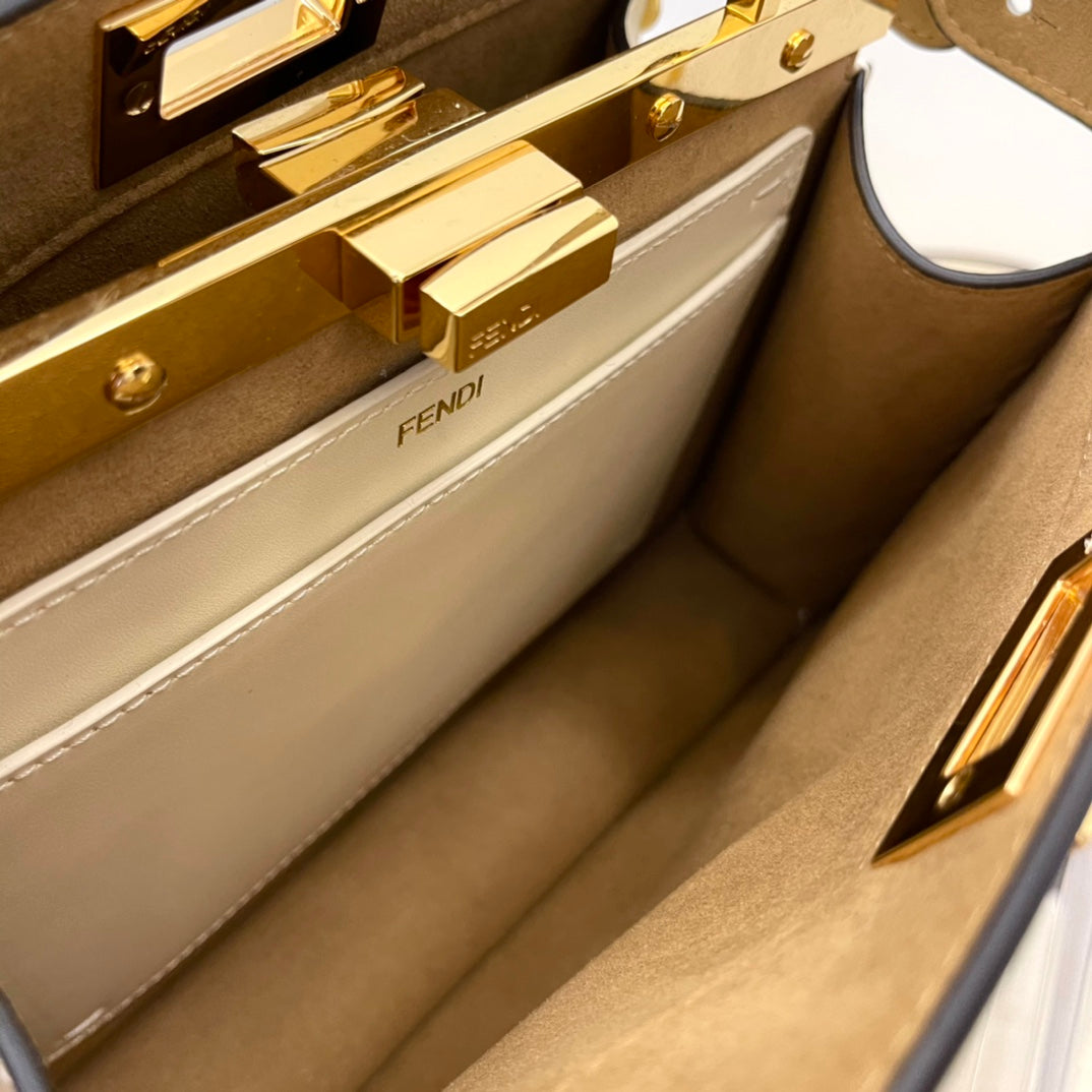 Fendi Peekaboo Iconic Mini Cream Leather Handbag with Gold-Tone Hardware