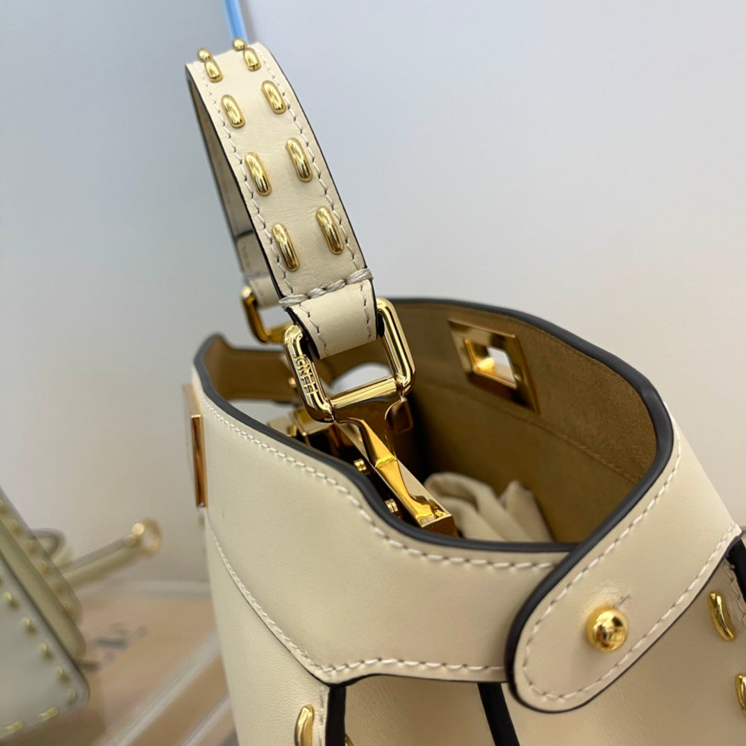 Fendi Peekaboo Iconic Mini Cream Leather Handbag with Gold-Tone Hardware