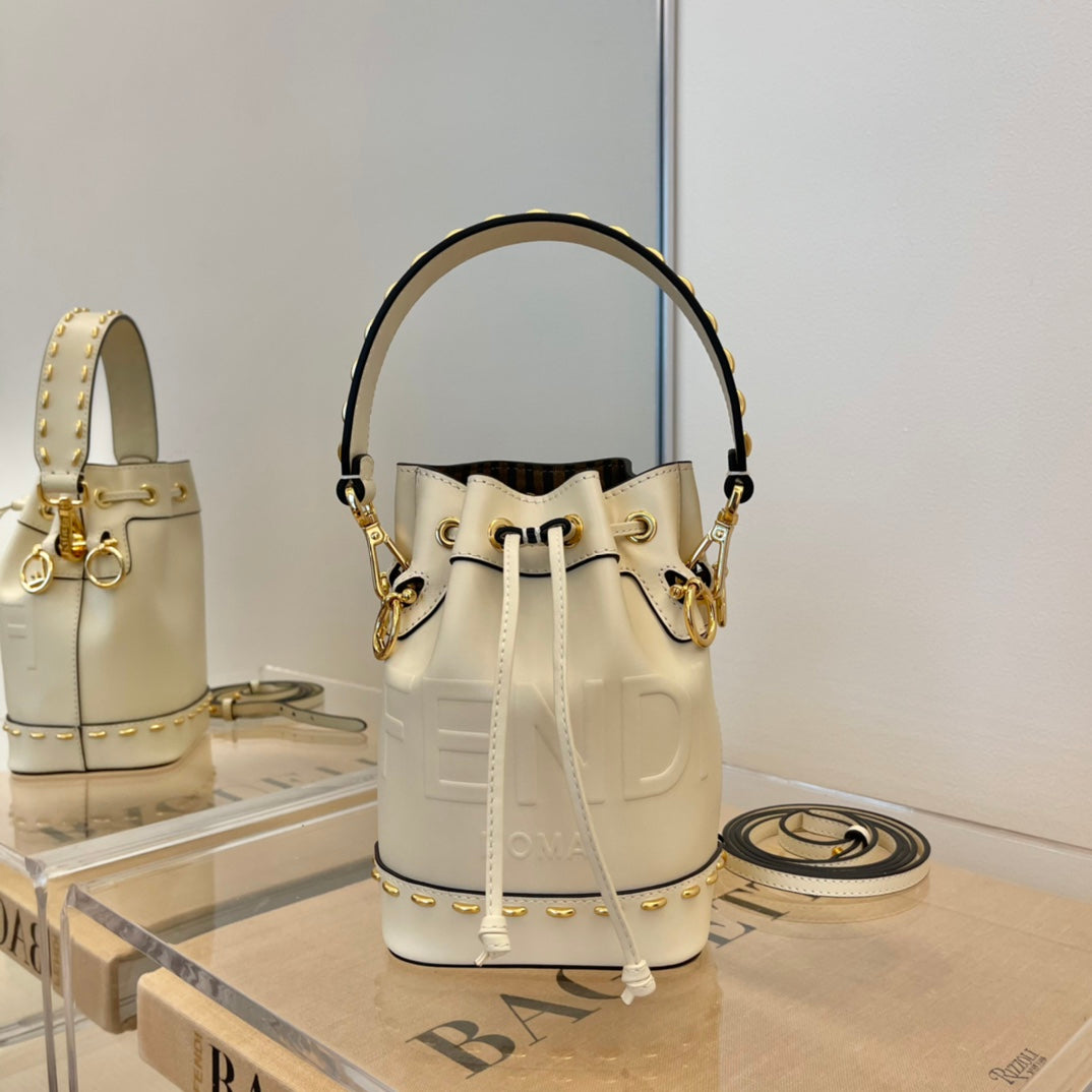 Fendi Mon Tresor White Leather Small Bucket Bag with Embossed Logo