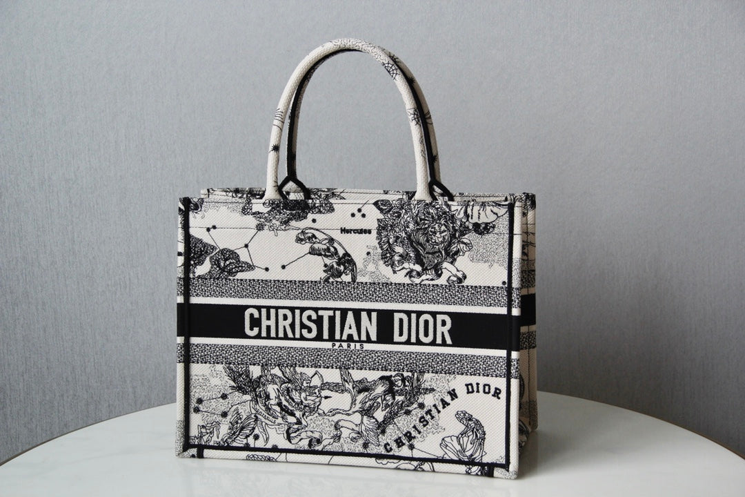 Christian Dior Book Tote White and Black Zodiac Print Canvas Bag