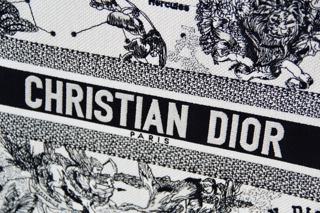 Christian Dior Book Tote Bag - White and Black Toile de Jouy Zodiac Embroidered Canvas