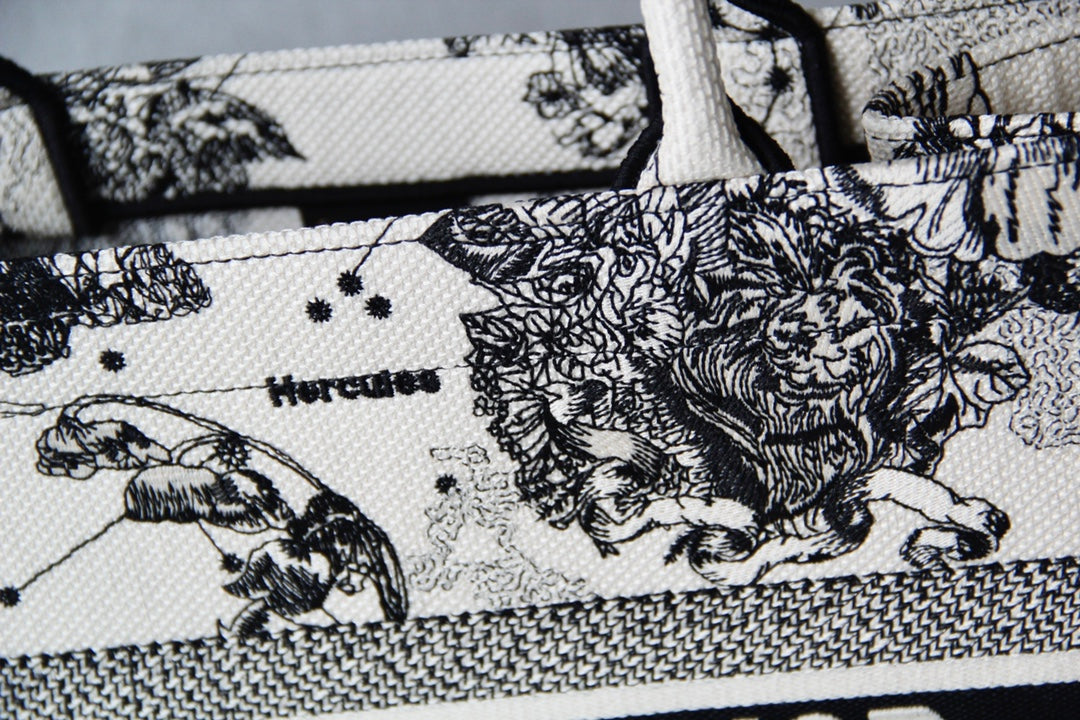 Christian Dior Book Tote Bag - White and Black Toile de Jouy Zodiac Embroidered Canvas