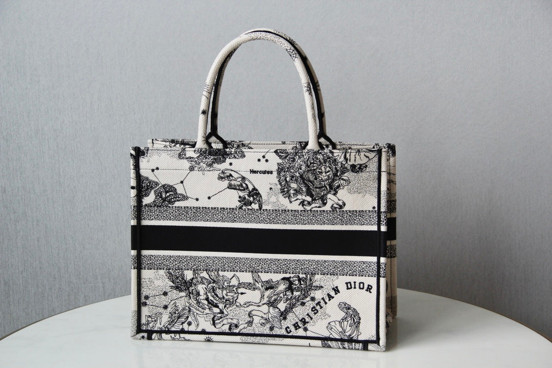 Christian Dior Book Tote White and Black Zodiac Print Canvas Bag