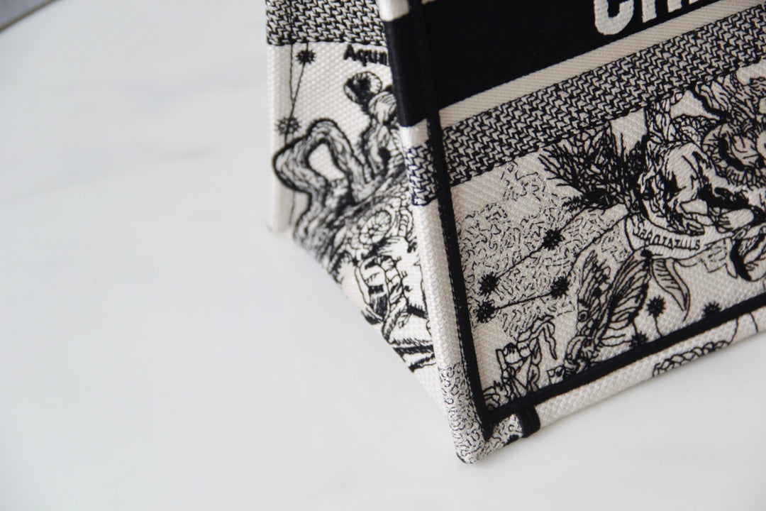 Christian Dior Book Tote Bag - White and Black Toile de Jouy Zodiac Embroidered Canvas