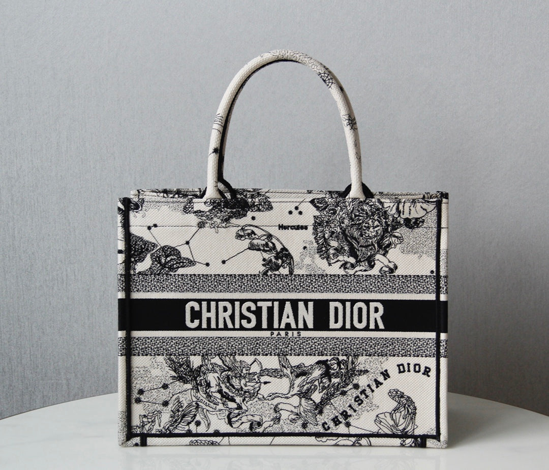 Christian Dior Book Tote Bag - White and Black Toile de Jouy Zodiac Embroidered Canvas