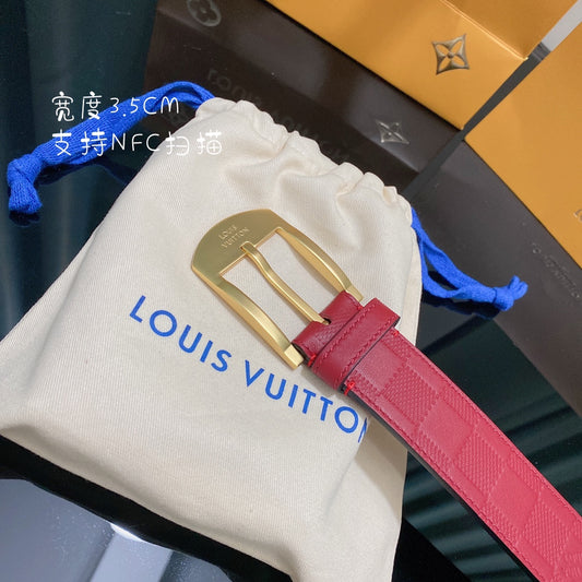 Louis Vuitton Red Damier Infini Leather Belt with Gold-Tone Buckle, 3.5cm Width