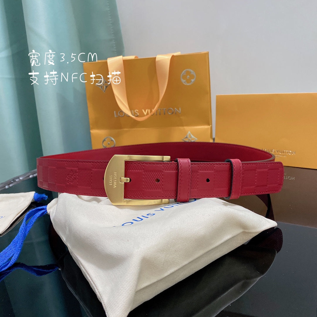 Louis Vuitton Red Damier Infini Leather Belt with Gold-Tone Buckle, 3.5cm Width