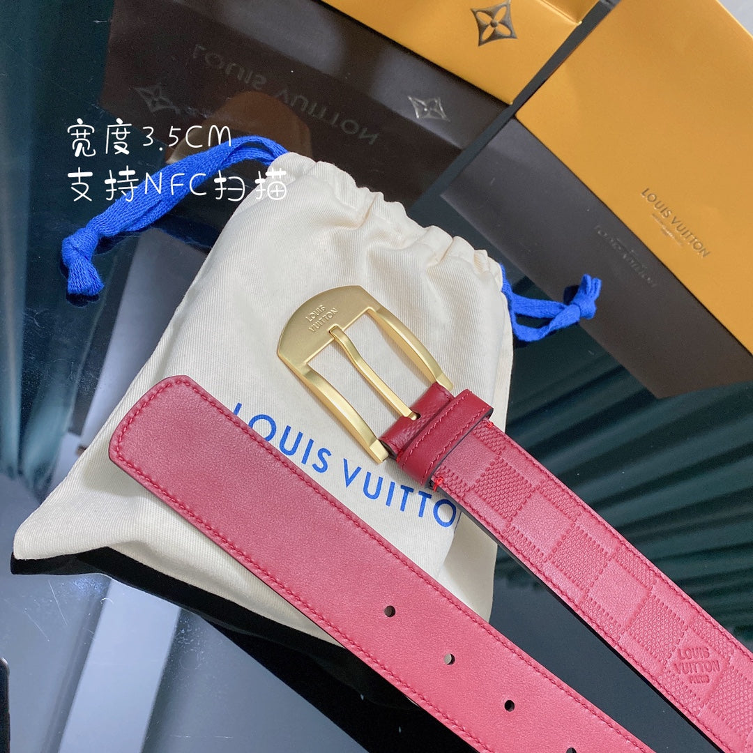 Louis Vuitton Red Damier Infini Leather Belt with Gold-Tone Buckle, 3.5cm Width