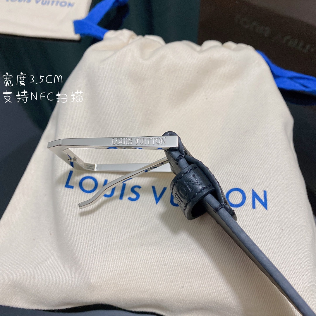 Louis Vuitton Men's Black Leather Belt with Silver Pin Buckle, 3.5cm Width