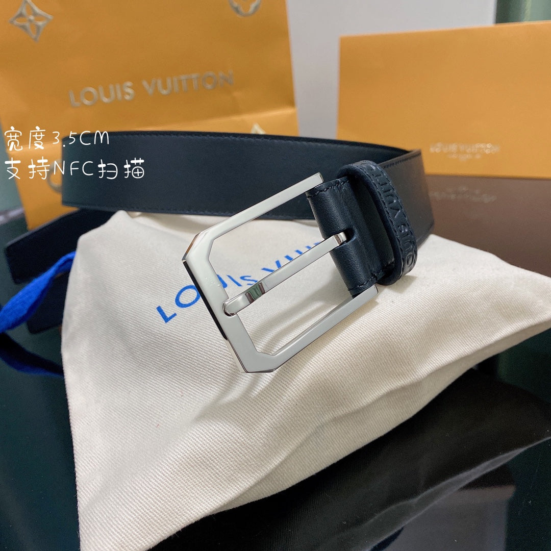 Louis Vuitton Men's Black Leather Belt with Silver Pin Buckle, 3.5cm Width