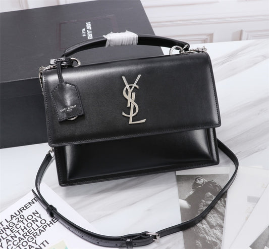 Saint Laurent Sunset Medium Shoulder Bag in Black Smooth Leather