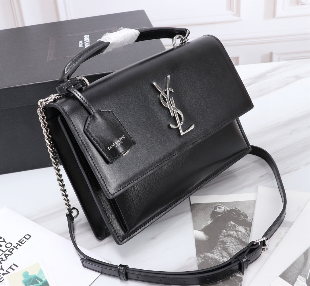 Saint Laurent Sunset Medium Shoulder Bag in Black Smooth Leather