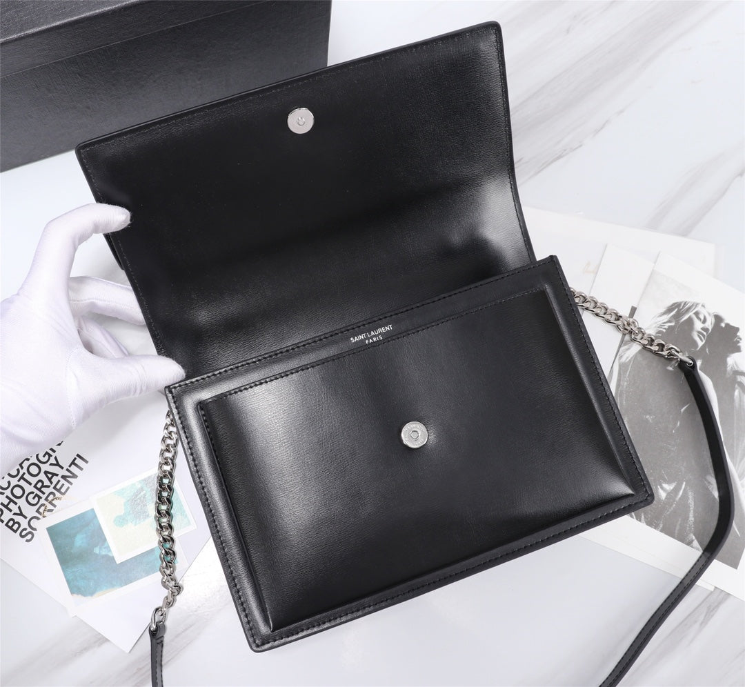 Saint Laurent Sunset Medium Shoulder Bag in Black Smooth Leather