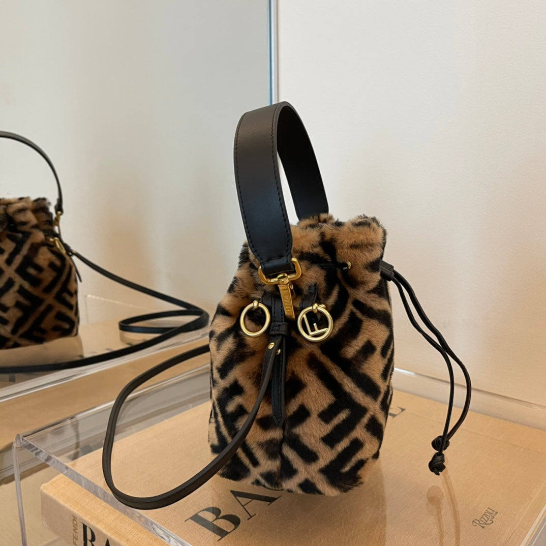 Faux Fur FF Logo Mini Bucket Bag with Top Handle and Drawstring